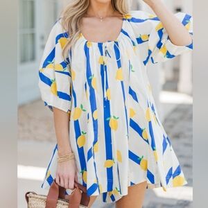 Fantastic Fawn Lemon Print Striped Puff Sleeve Romper